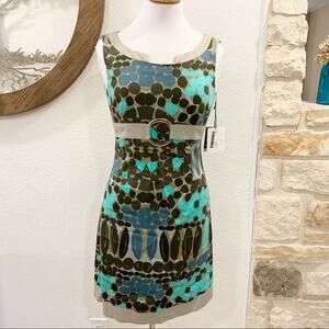 NWT Sandro Ferrone Mod Circle Printed Dress Metal Belt Teal Taupe 42 4 6